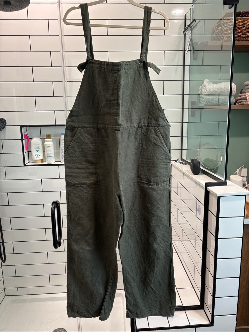 Able Olive Green Linen-Blend Wide Leg overalls/Jumpsuit